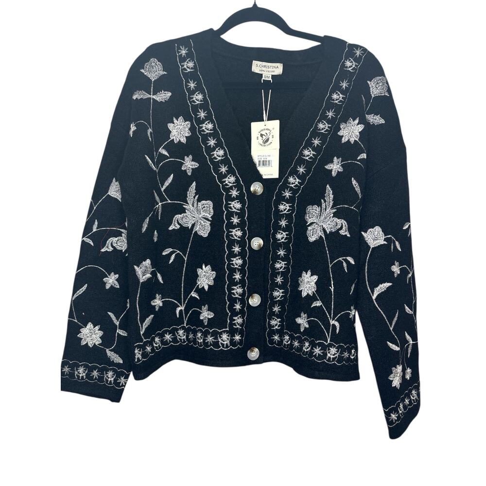 S. Christina Black & White Embroidered Cardigan – Size S/M – NWT